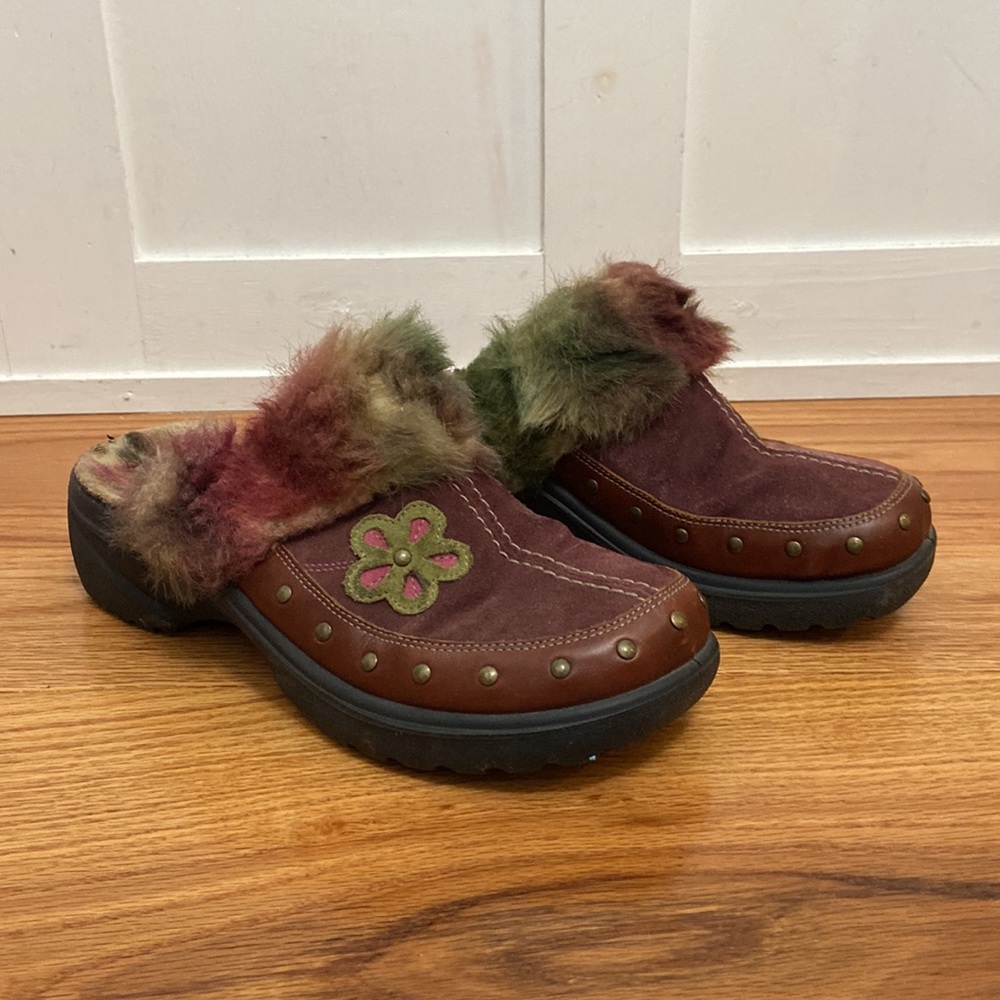 Vintage Romika Clog Brown FauxFur Flower Women’s Size 38